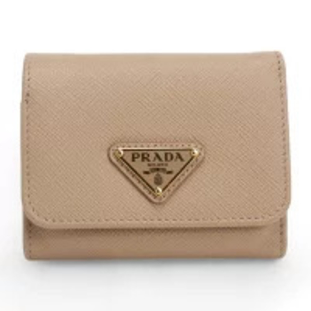 Prada Tri fold Wallet Coin Compact Italy CIPR Beige Cream